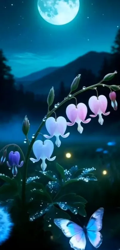 Moonlit landscape with glowing flowers and butterfly.