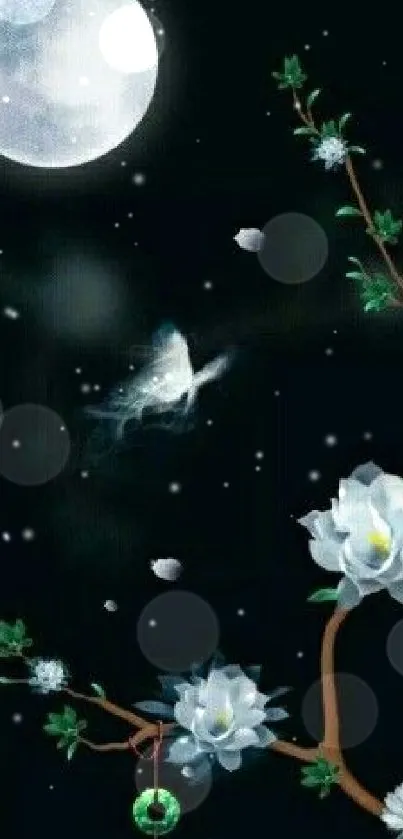 Ethereal moonlit flowers against a serene dark night sky, perfect for mobile wallpaper.