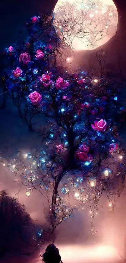 Beautiful tree with glowing roses under a full moon.