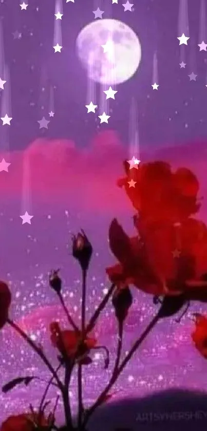 Purple sky with moon and red roses.