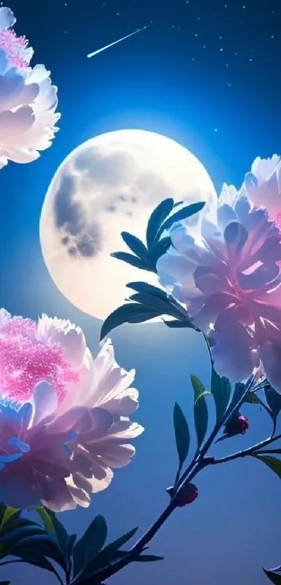 Moonlit night with glowing flowers under stars.