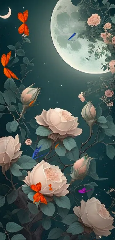 Moonlit garden wallpaper with roses and crescent moon.