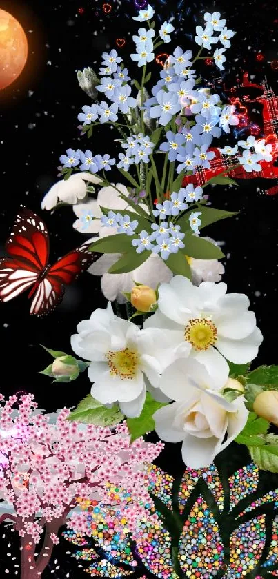 Mobile wallpaper with moonlit flowers and butterfly