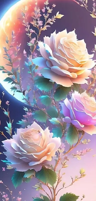 Moonlit roses with night sky on mobile wallpaper.