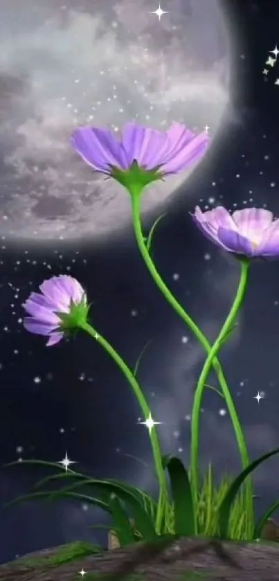 Purple flowers under a full moon with starry night sky.