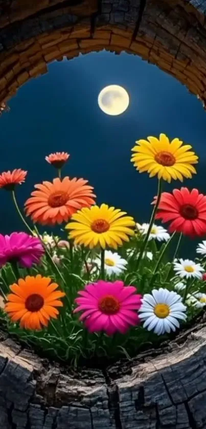 Vibrant flowers under a full moon framed by a rustic tree trunk.