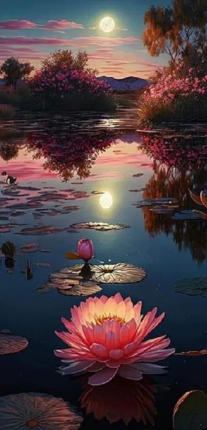 Moonlit water lilies reflecting in a serene pond under a night sky.