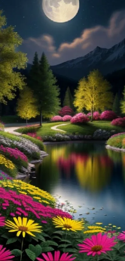 Night landscape with vibrant flowers and a moonlit lake under a full moon.
