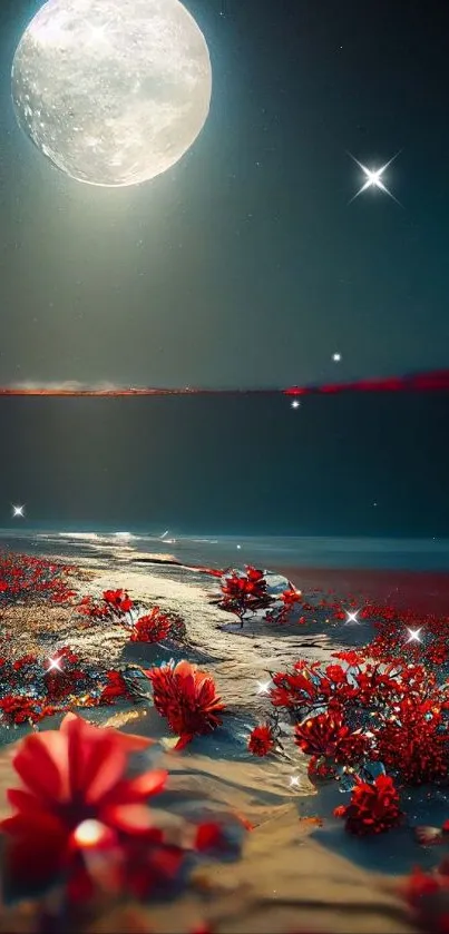 Moonlit landscape with red flowers and a serene night sky.