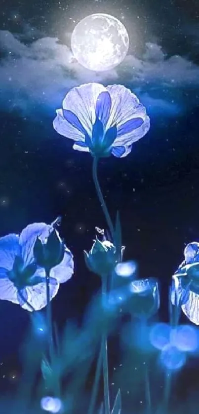 Moonlit blue flowers against a starry sky at night.