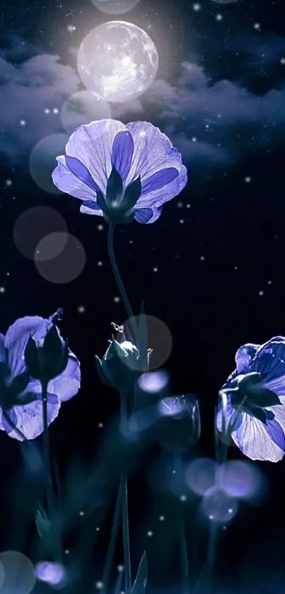 Glowing flowers beneath a full moon night sky.