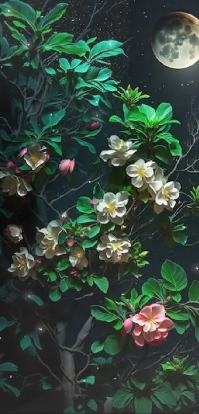 Moonlit night with blooming flowers and lush greenery against a starry sky.