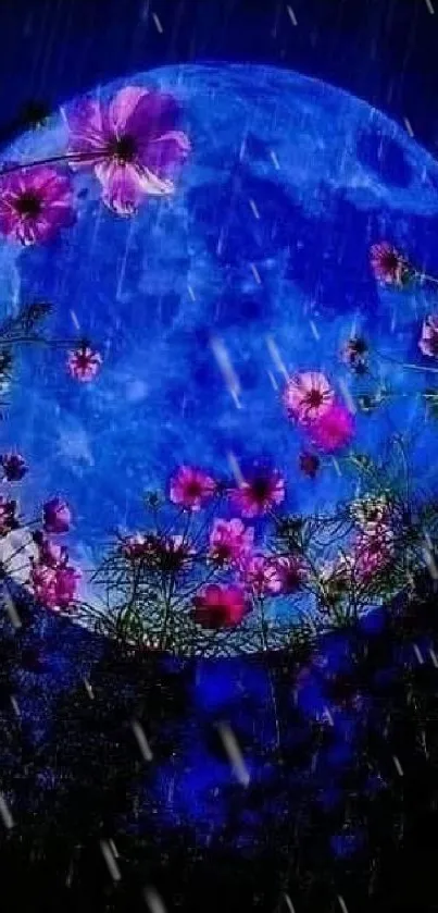 A stunning moonlit night with bright pink flowers and a deep blue sky.