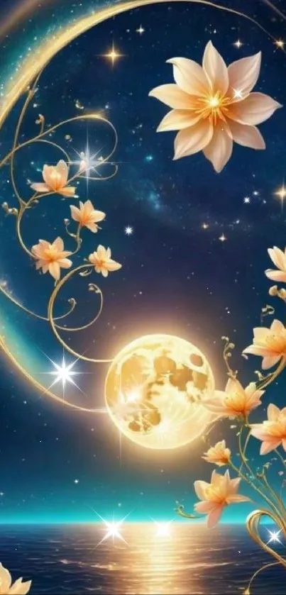 Moonlit sky with glowing flowers and stars.