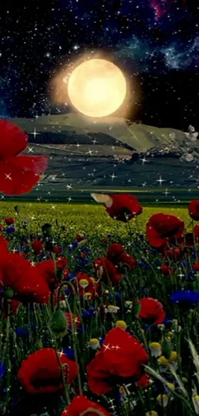 Moonlit night over a field of red poppies with a starry sky.