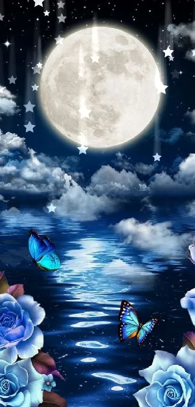 Serene nightscape with moon, butterflies, and blue roses against a starry sky.