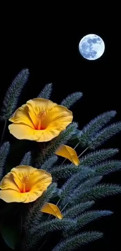 Vibrant yellow flowers with a full moon on a black background.