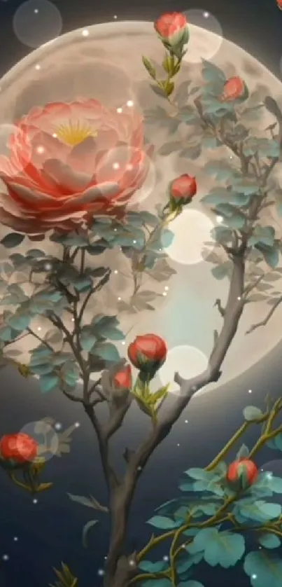 Moonlit roses with glowing moon in elegant floral wallpaper.