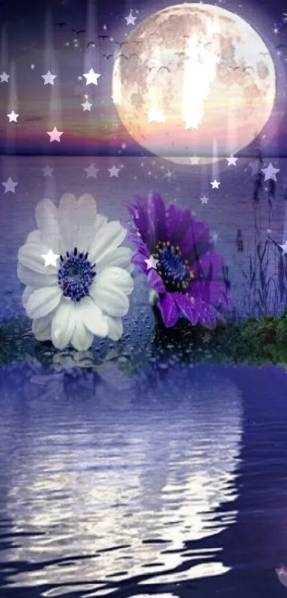 Moonlit flowers with water reflection under a purple sky.