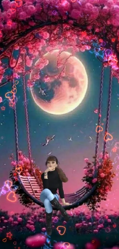 Moonlit night with pink floral swing, full moon shining.