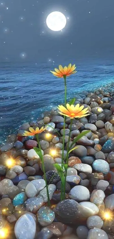 Moonlit night beach with flowers and pebbles.