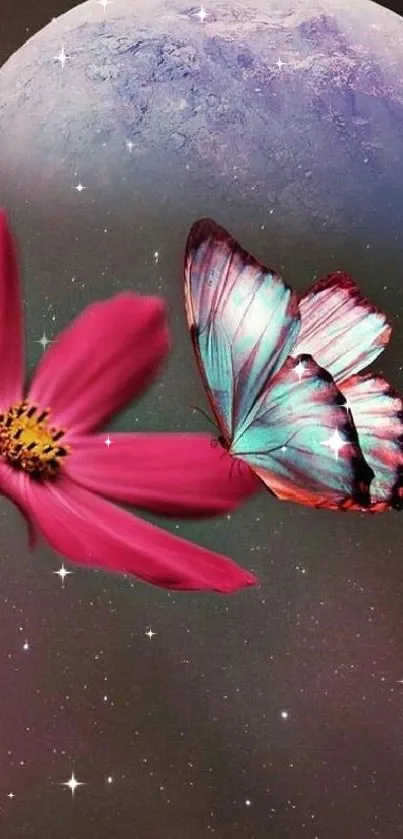 Vibrant pink flower and butterfly with moonlit cosmic background wallpaper.