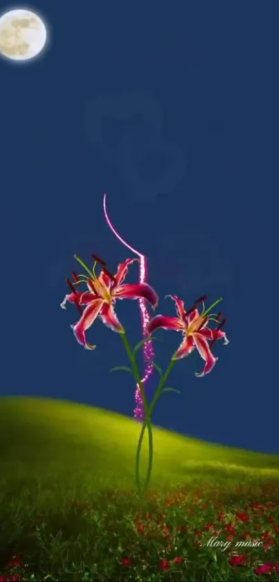 Moonlit night with vibrant flowers and serene sky