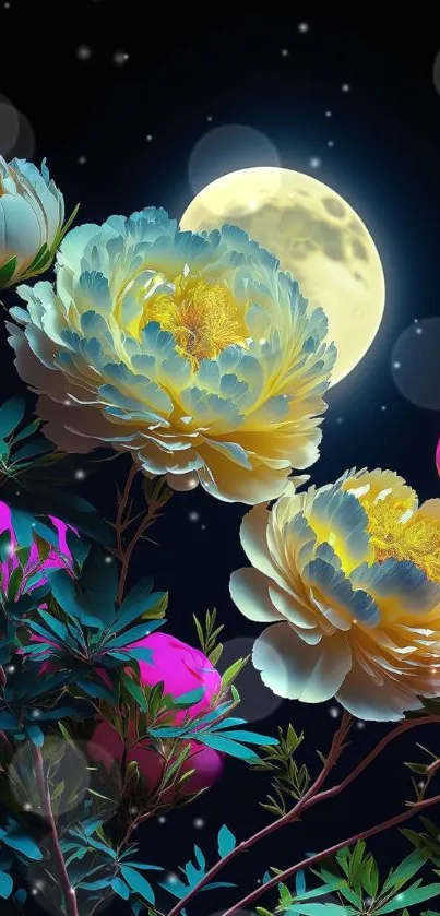 Moonlit flowers with vibrant colors under a full moon in a dark sky mobile wallpaper.