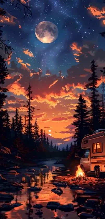 Moonlit forest scene with camper and fire.