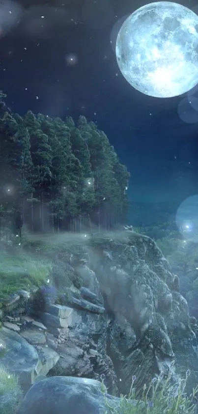 Serene moonlit cliff and forest at night.