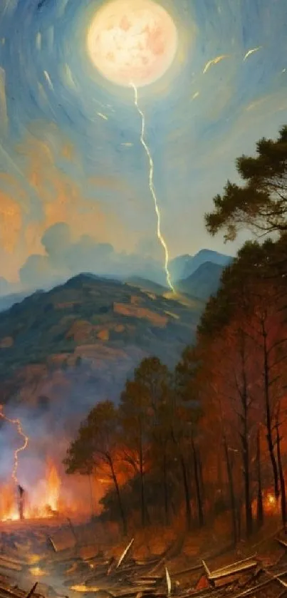 A dramatic painting of a forest fire under a bright moonlit sky.