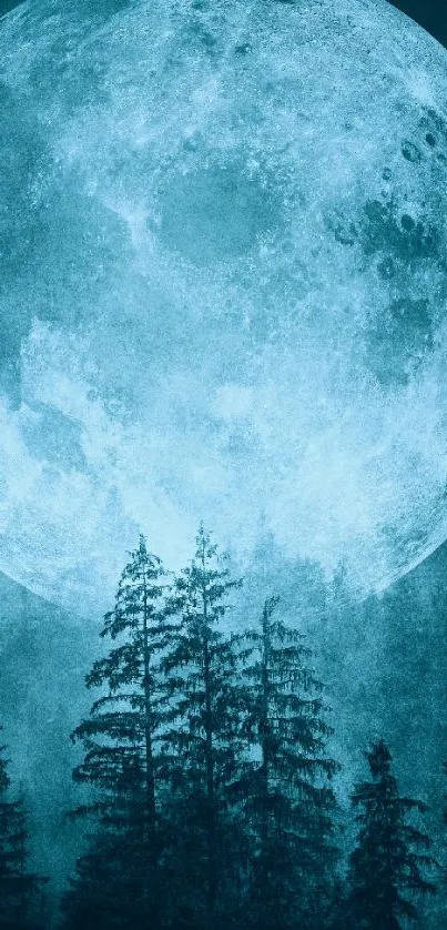 Moonlit forest with large full moon casting blue hues over silhouetted trees.