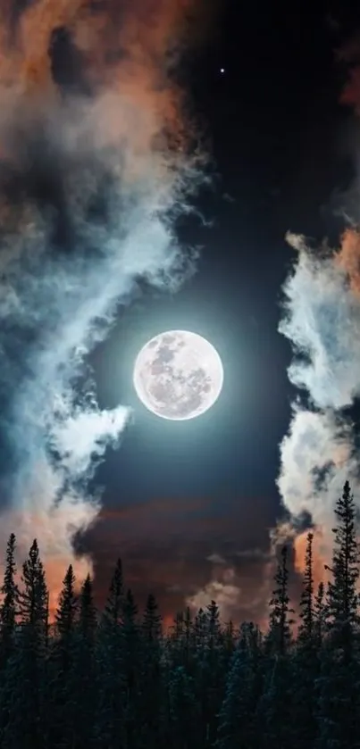 Moonlit forest night sky with full moon and dramatic clouds.