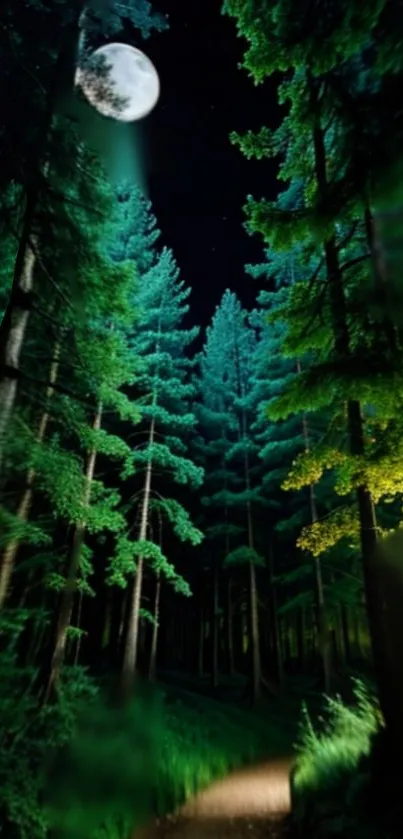 Moonlit forest with towering trees under a serene night sky.