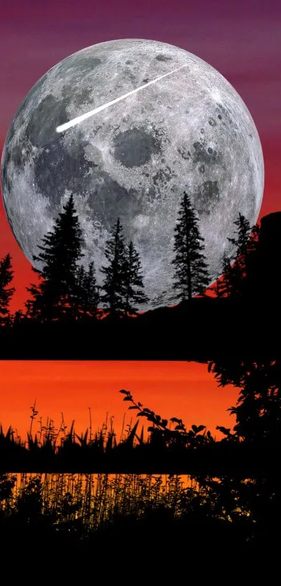 Moonlit forest with shooting star and sunset sky on mobile wallpaper.