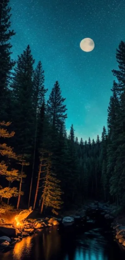 Full moon over a tranquil forest and river.