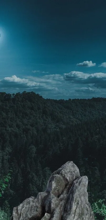 Nighttime forest with moonlit sky and lush, dark foliage.