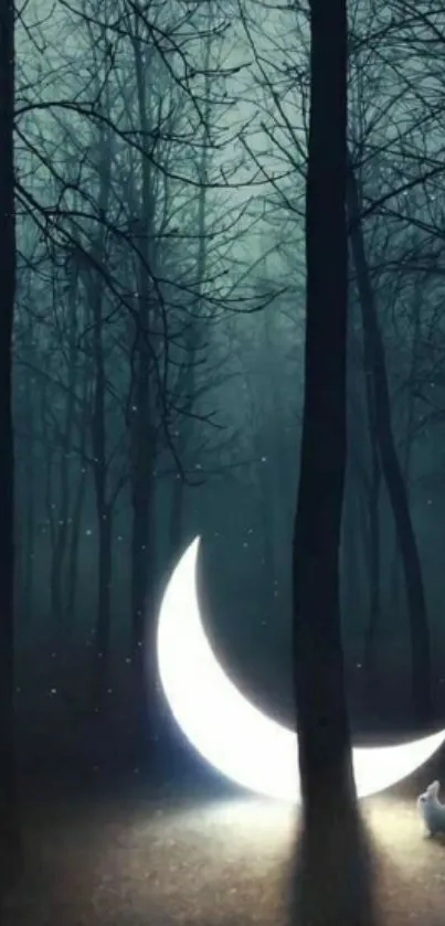 Glowing crescent moon in a tranquil forest at night with a rabbit.