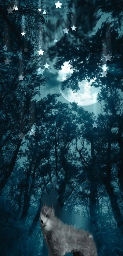 Forest with moonlight and stars, featuring a lone wolf.