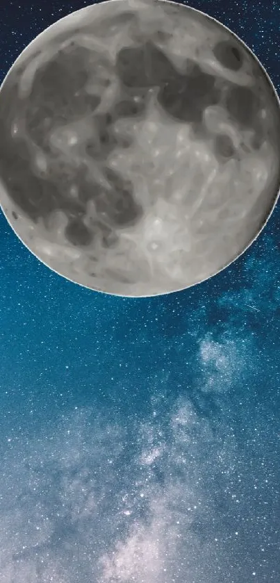 Moon against a blue starry galaxy backdrop.