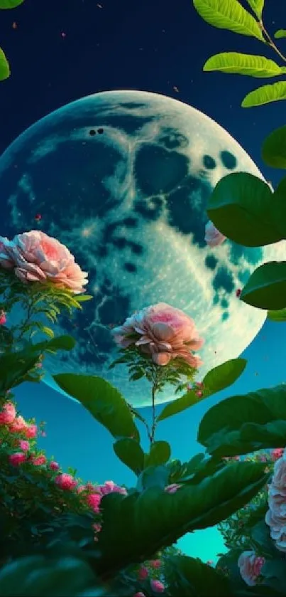 Moonlit garden with vibrant flowers and serene teal sky.
