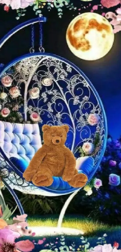 Teddy on a floral swing under a moonlit garden sky.