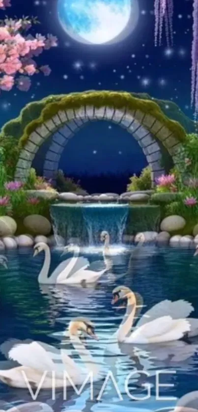 Moonlit garden with swans and waterfall at night.