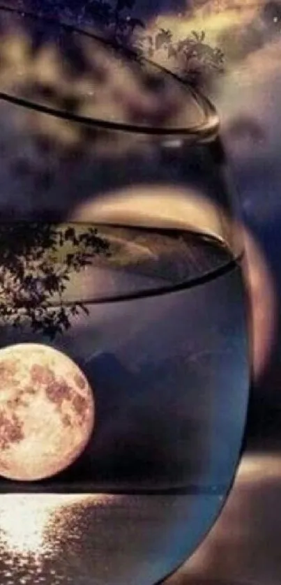 Mystical moonlit scene reflected in a glass, creating a serene and artistic wallpaper.