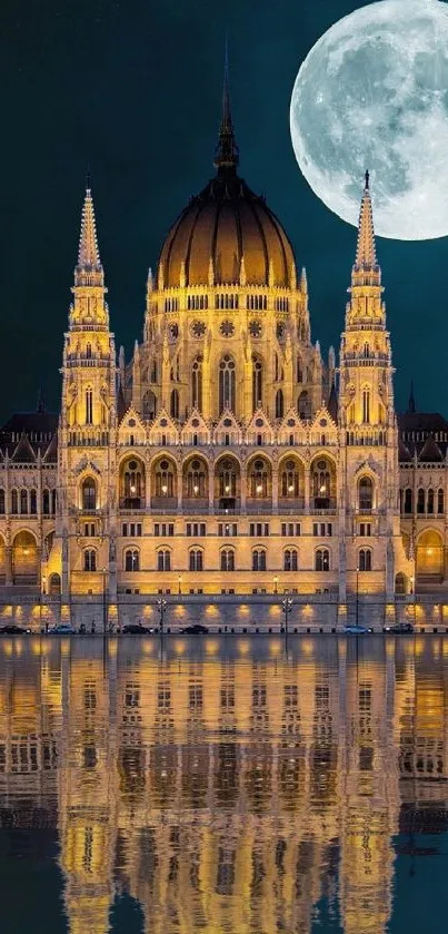 Moonlit Gothic architecture reflected in water with a full moon overhead.