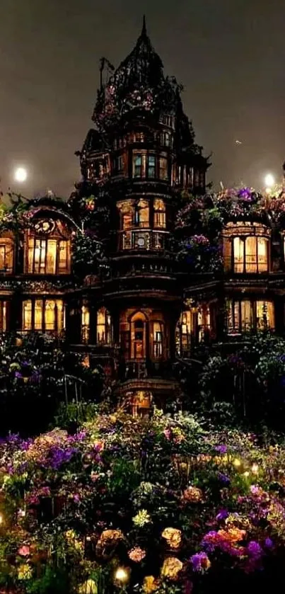 Gothic mansion at night with full moon and garden.