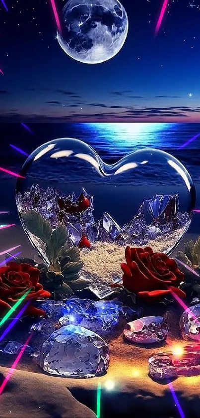 Moonlit beach with heart crystal and red roses under a starry sky.