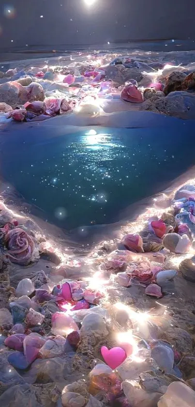 Heart-shaped pool on a moonlit beach with sparkling water and decorated with flowers.