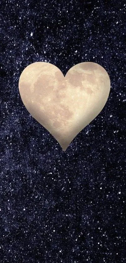 A heart-shaped moon floats in a starry night sky, creating a celestial wallpaper.