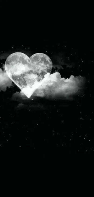 Heart-shaped moon with clouds and stars on a black background.